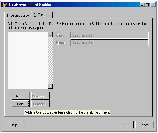 In DataEnvironment Builder window click on 'New' button