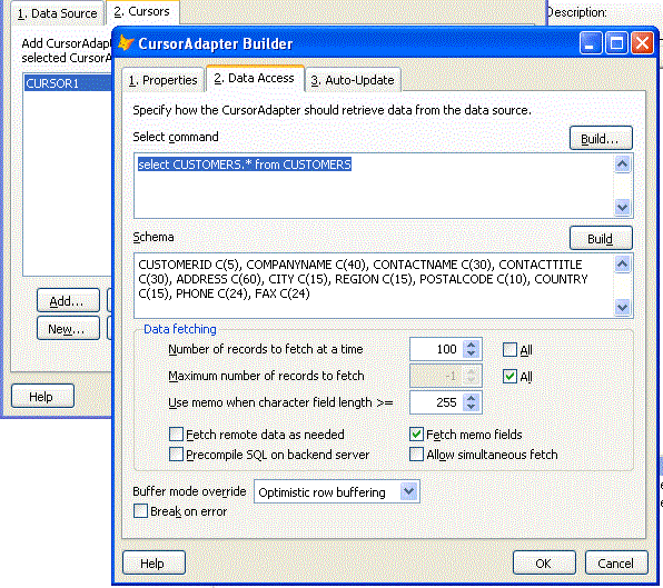 Result picture of the Data Access page in CursorAdapter Builder 