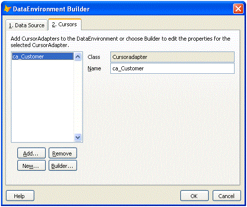 Result picture of the DataEnvironment Builder window